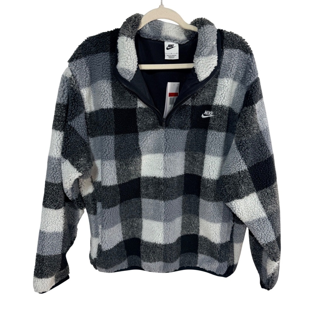 Nike Club Pullover Buffalo Plaid Sherpa Fleece 1/2 Zip L Black Grey FZ0896-010